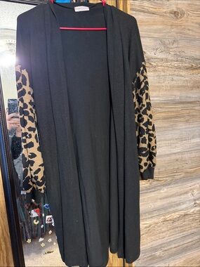 First Love Black Open Front Cardigan with Leopard Print Sleeves W/pockets